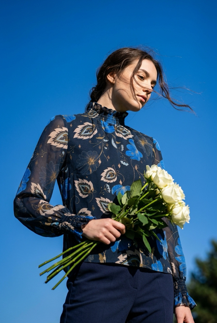 Tuckernuck Blue Floral Chiffon Smocked Mock Neck Blouse
